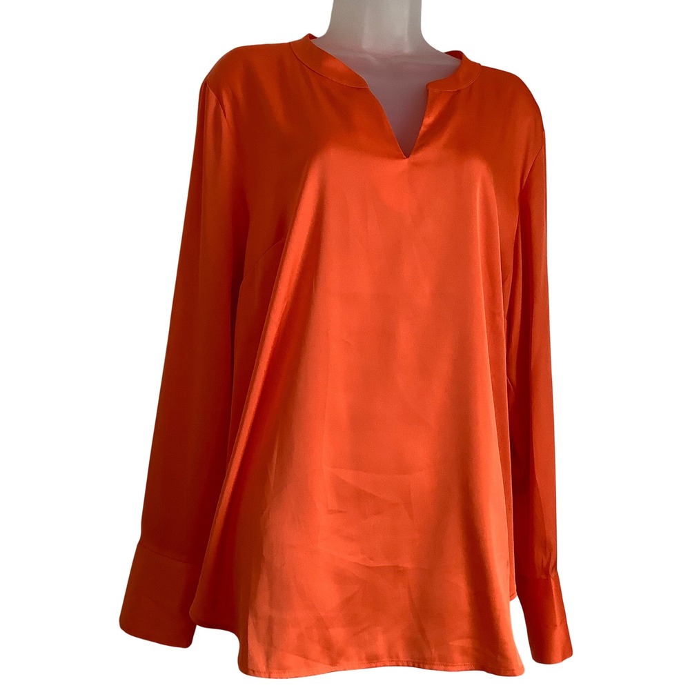 Talbots Orange Satin Split‎ Neck Blouse Long Sleeve Stretch Top XL